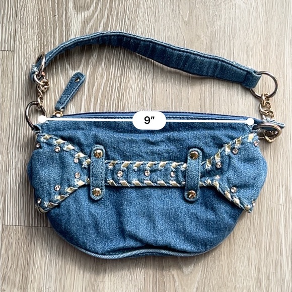 Bijou Y2K Denim Blue Purse Handbag Mini Shoulder Bag Distressed Belt Bling Jeans - Picture 9 of 16